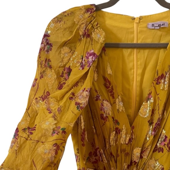 Flor et. al Cocktail Mini Dress Ruffle Floral Yellow Metallic Sz 4 - Picture 6 of 12